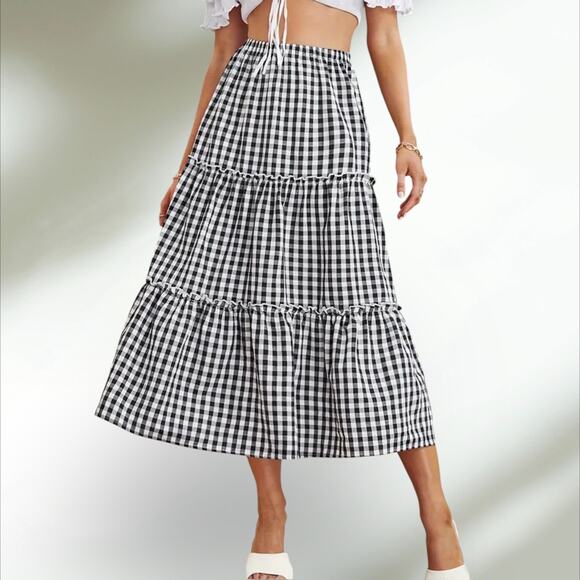 Gingham Tiered Midi Skirt Elastic Waist, Ruffle Hem  Black White Check Med NWT - Picture 5 of 5